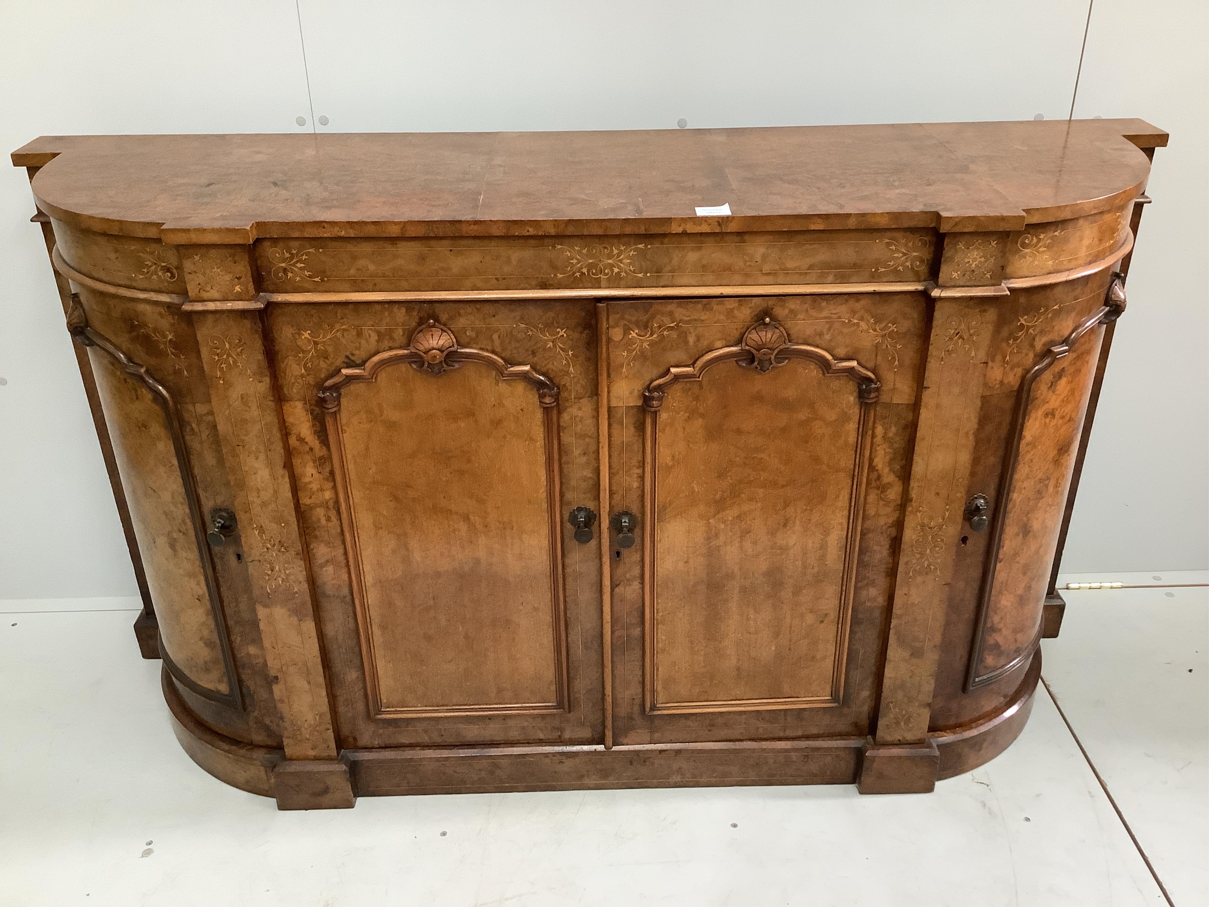 A Victorian inlaid burr walnut credenza, width 165cm, depth 45cm, height 91cm. Condition - fair